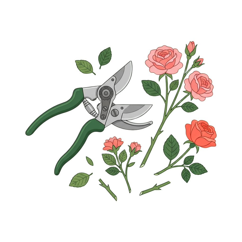 Illustration of green pruning shears cutting rose stems with blooming pink roses and green leaves