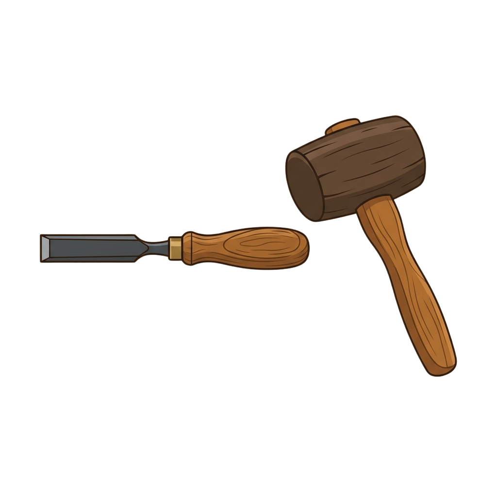 Illustration of a wooden mallet and chisel tool on a black background