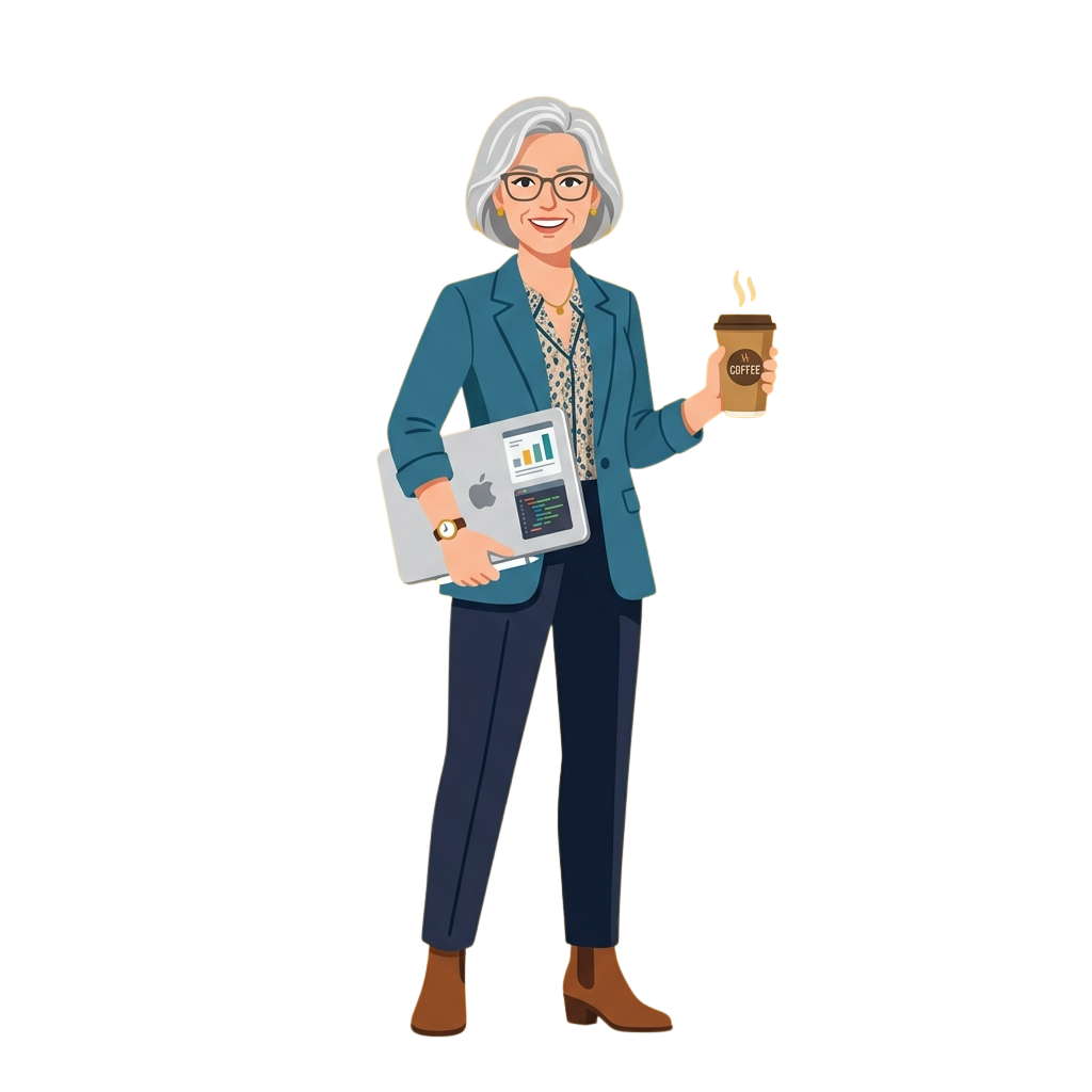 Illustration of a smiling woman in business attire holding a laptop and coffee cup