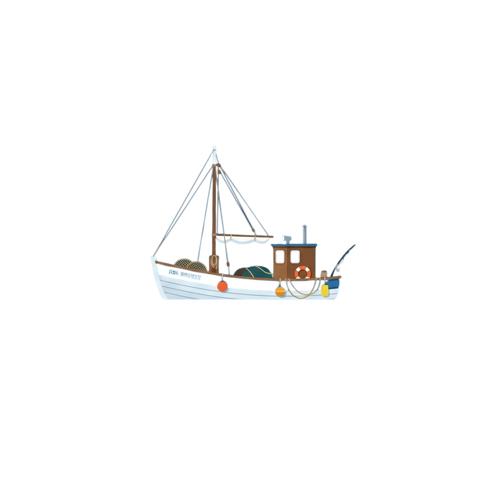 Illustration of a fishing boat with rigging, buoys, and fishing equipment on deck