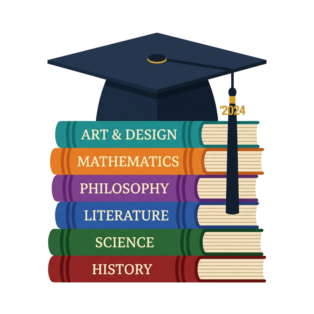 Graduation cap on a stack of books labeled with academic subjects like Art, Mathematics, Philosophy, Literature, Science, and History, with 2024 tassel