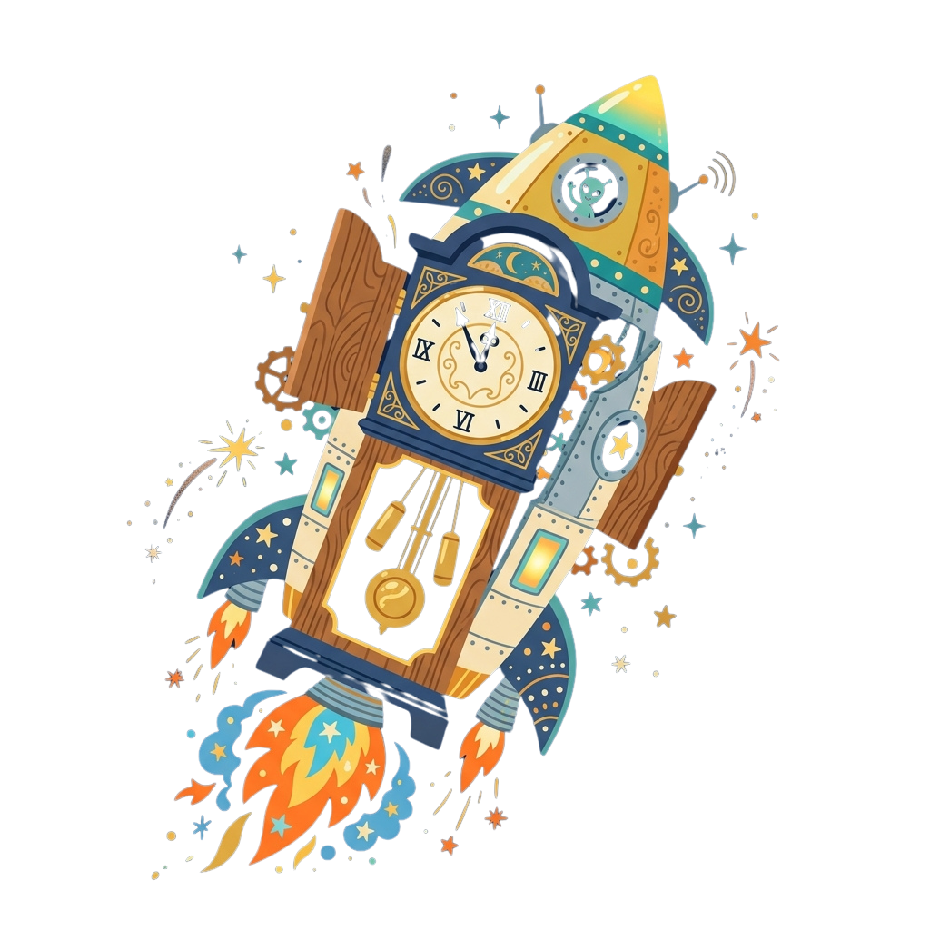 A whimsical clock designed as a rocket blasting off with stars and gears around it
