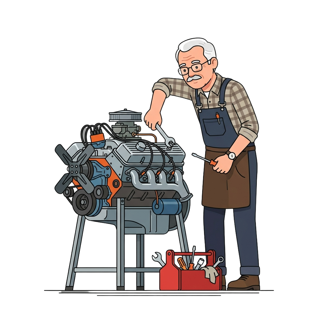 An elderly man in overalls and glasses using a wrench on a car engine, surrounded by tools on a workbench.