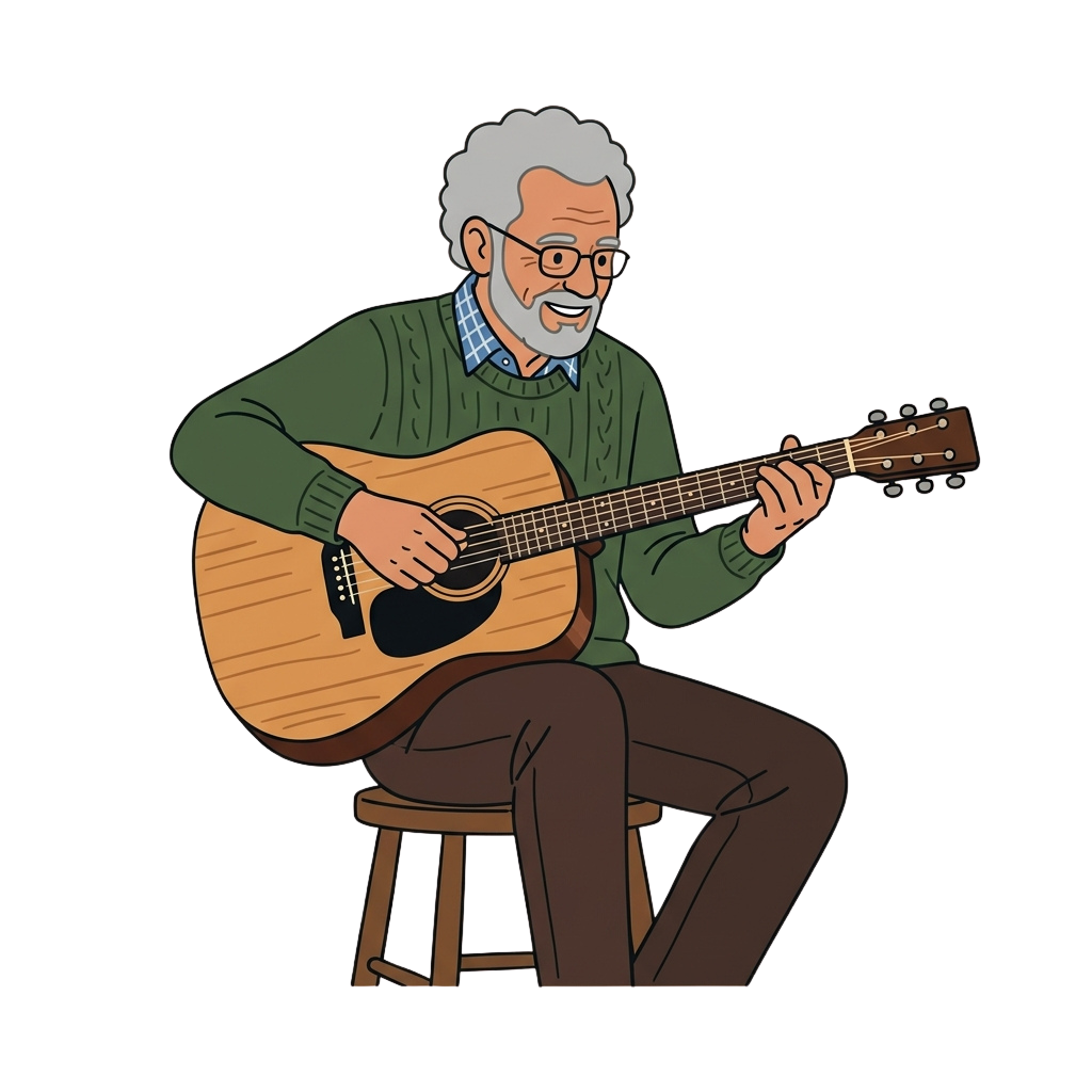 An elderly man sitting on a stool playing an acoustic guitar with a warm smile