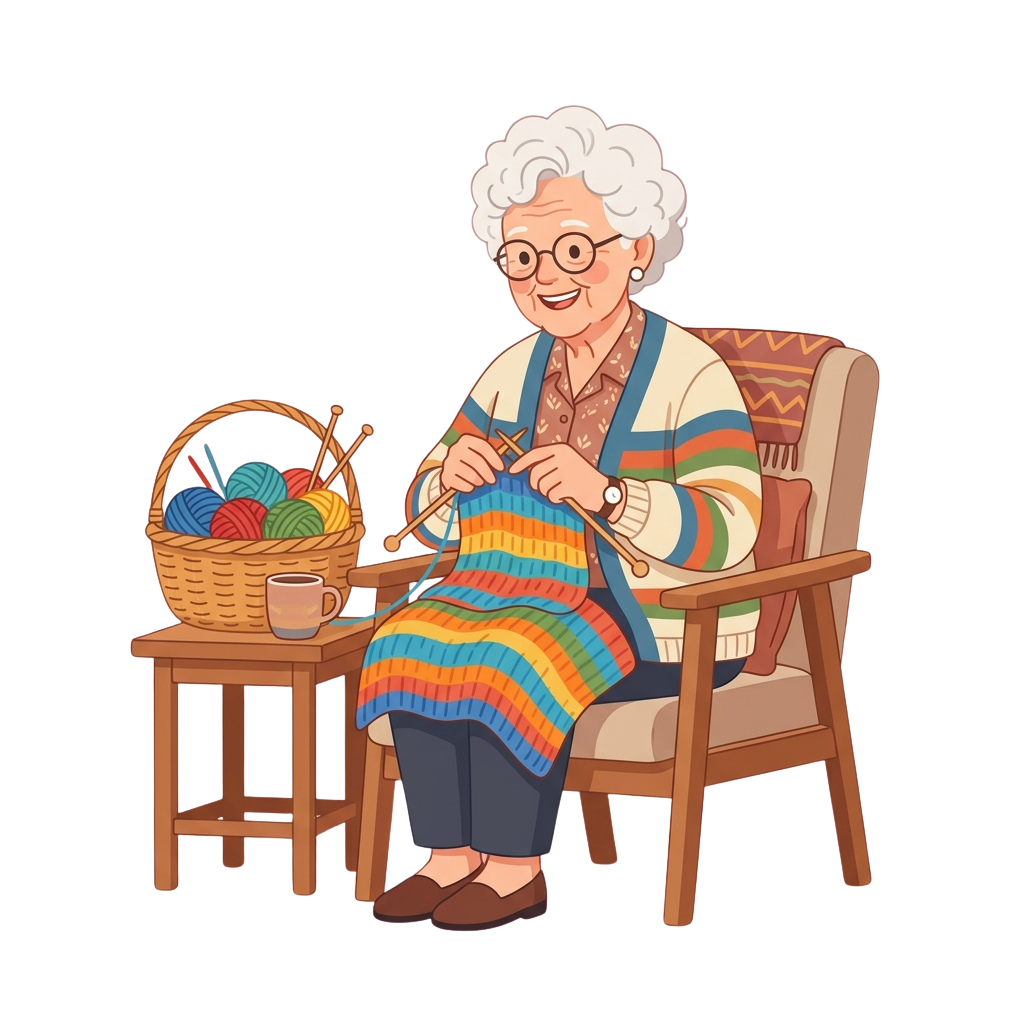 Smiling elderly woman knitting a colorful striped scarf with yarn and knitting needles, sitting in a wooden chair beside a basket of yarn and a cup of tea.