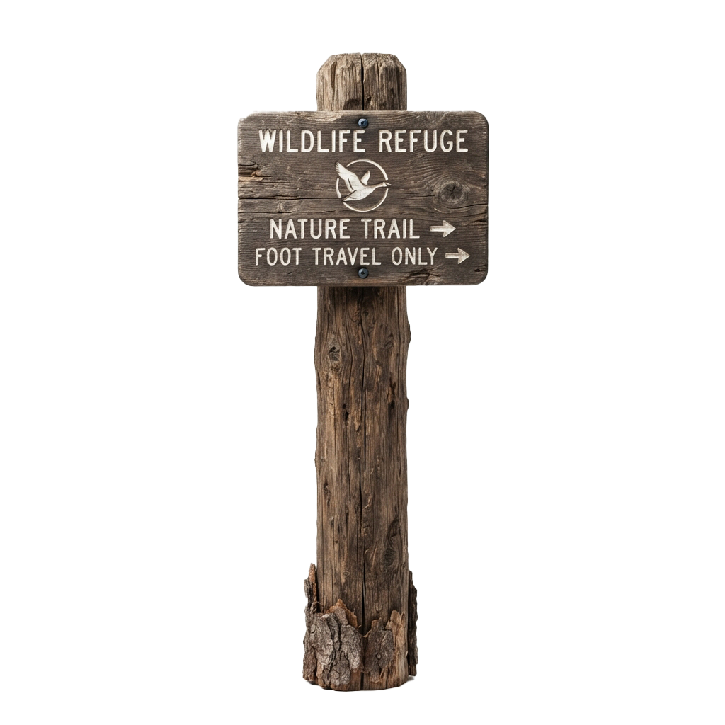 Rustic wooden sign indicating a wildlife refuge nature trail for foot travel only with bird logo