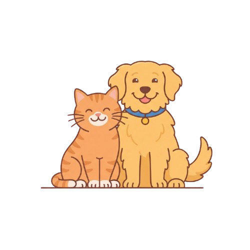 A cheerful cartoon cat and dog sitting side by side with smiling faces, the cat orange and white striped, the dog golden with a blue collar.