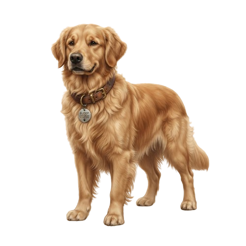 A Golden Retriever dog standing on a black background, wearing a collar with a tag.