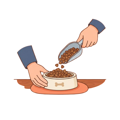 Person pouring dry dog food from a scoop into a white pet bowl with a bone symbol.