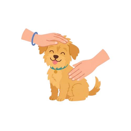 A cheerful golden-brown puppy sitting while a hand pets its head and another strokes its back.