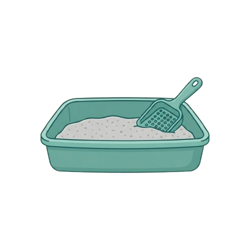 A turquoise litter box filled with white litter and a matching scoop resting inside