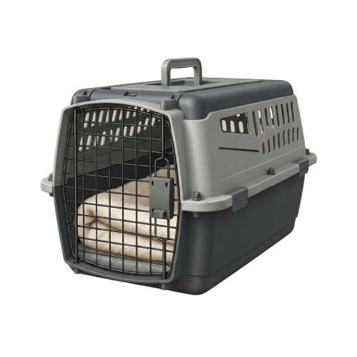 Gray plastic pet carrier with a handle, open door, and ventilation holes, containing a small pet bed.