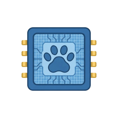 A stylized microchip with a paw print symbol in the center, surrounded by circuit lines and pins.