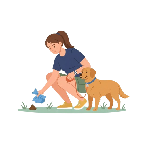 A woman kneeling on grass playing with a golden retriever using a blue toy