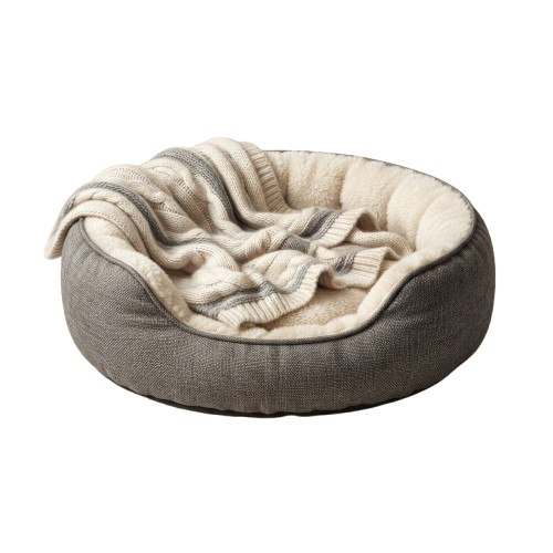 A round pet bed with a soft outer fabric and plush inner lining.
