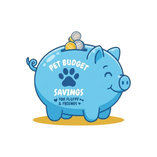 A blue smiling piggy bank with a paw print and coins on top, labeled Pet Budget Savings for Fluffy Friends