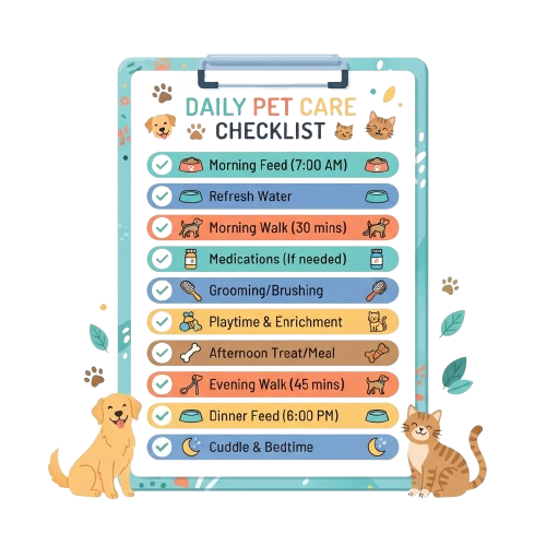 Colorful checklist showing daily care tasks for pets including feeding, walks, grooming, and playtime