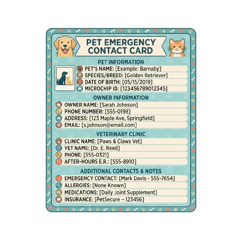 Pet emergency contact card showing pet info, owner details, vet clinic info, and additional notes