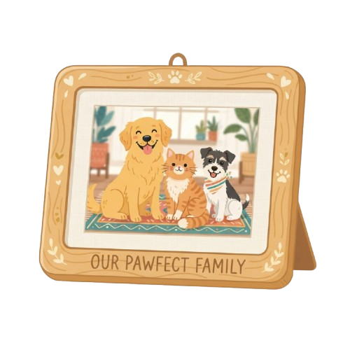 Illustration of a golden dog, tabby cat, and small terrier sitting together inside a wooden frame labeled Our Pawfect Family