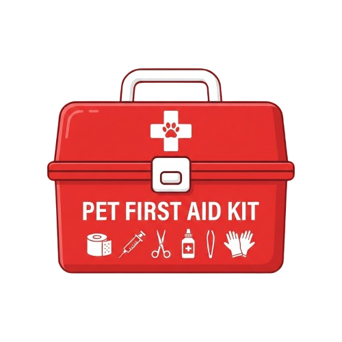 Red toolbox labeled Pet First Aid Kit with icons of medical supplies and first aid tools