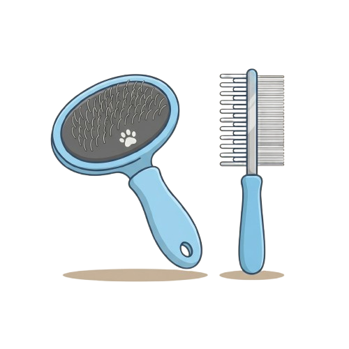 Illustration of a blue-handled pet brush and comb with a paw print on the brush mirror