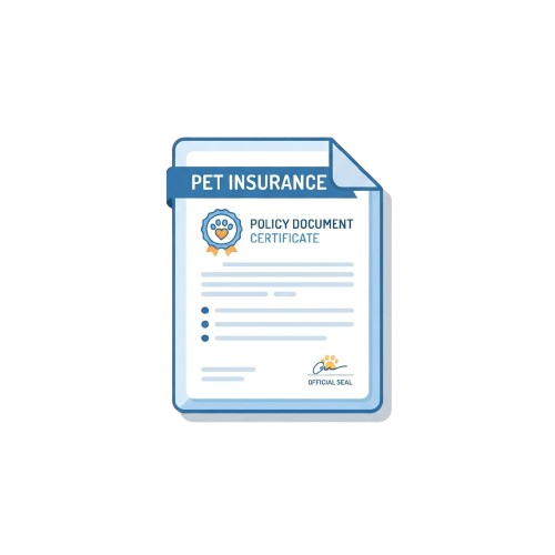 Illustration of a pet insurance policy document certificate with a paw print seal
