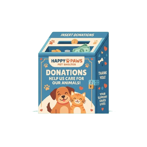 Illustration of a donation box for a pet shelter featuring a dog and cat with paw prints and coins