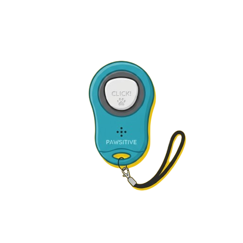 Bright blue pet training clicker with a yellow strap and a click button on top