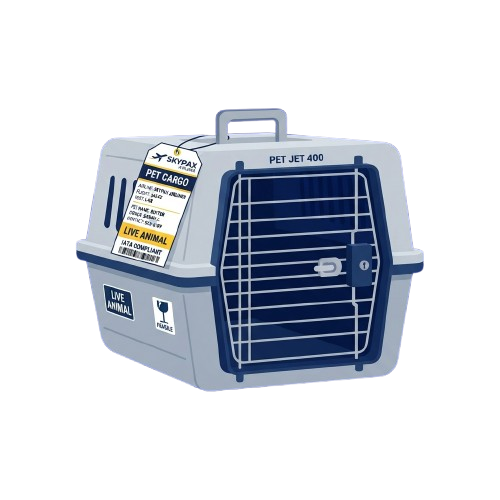Light blue and gray airline-approved pet carrier with ventilation and live animal labels