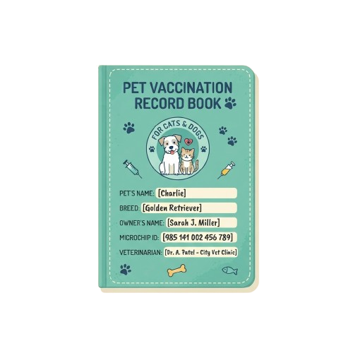 Ateal pet vaccination record book showing details like pet name, breed, owner name, microchip ID, and veterinarian info