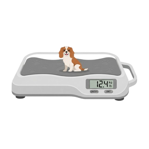 Illustration of a small dog standing on a digital pet scale displaying 12.4 kg or 27.3 pounds
