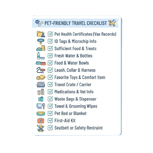 Checklist of essential items for traveling with pets, including health records, food, and safety gear.