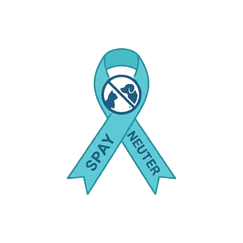 Blue ribbon with crossed surgical tools symbolizing spay and neuter awareness
