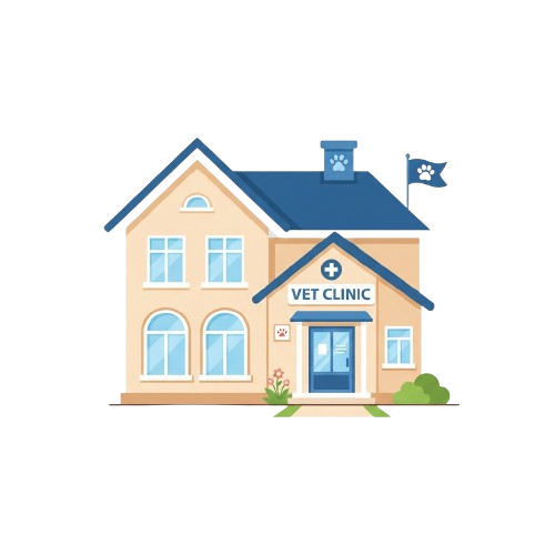 Illustration of a vet clinic building with a blue roof, medical cross sign, and paw prints