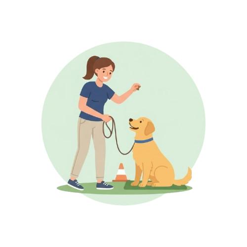 A woman standing outdoors holding a clicker and leash while a dog sits attentively beside her