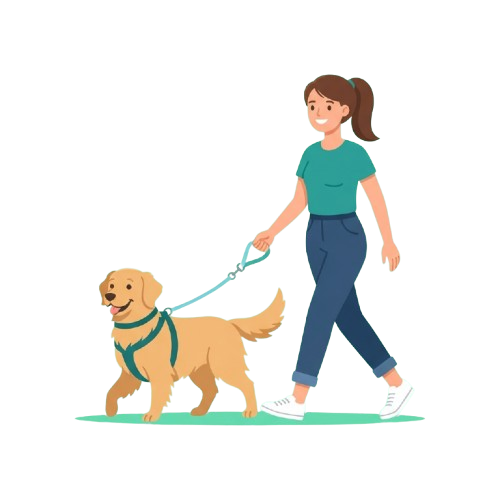 A woman in casual clothes walking a golden retriever on a leash with a smile.