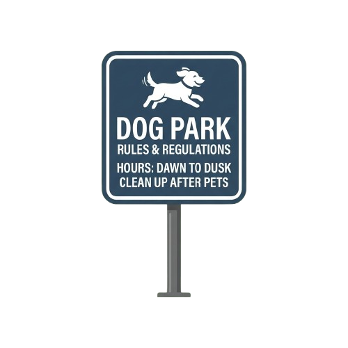 Dog park sign displaying rules, hours from dawn to dusk, and clean-up instructions with a white dog illustration