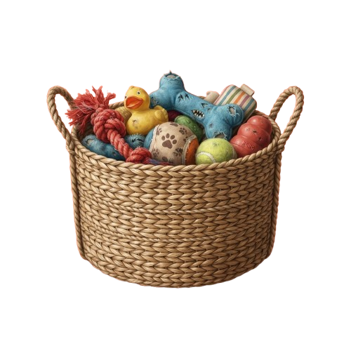 Woven basket filled with colorful stuffed duck toys, plush animals, braided rope toys, and painted eggs