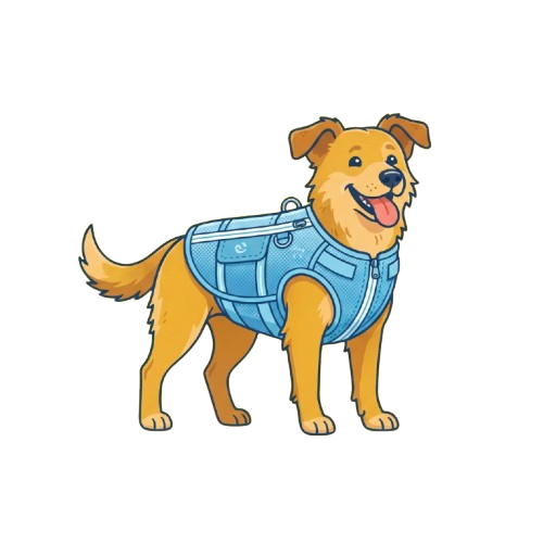 A cheerful dog wearing a blue utility vest with straps and buckles, standing on a black background
