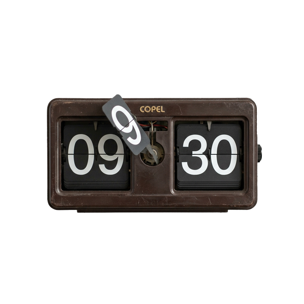 Vintage flip-disk clock showing time 0930 with a hand flipping the minutes disk to 9