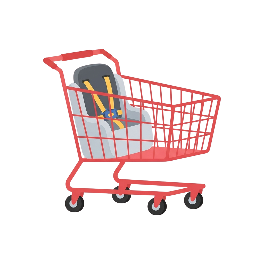 A red shopping cart containing a gray baby car seat with a yellow and blue toy.
