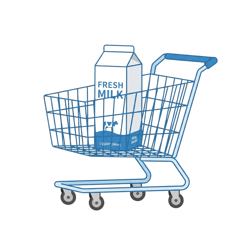 A blue shopping cart containing a carton of fresh milk with the label visible.