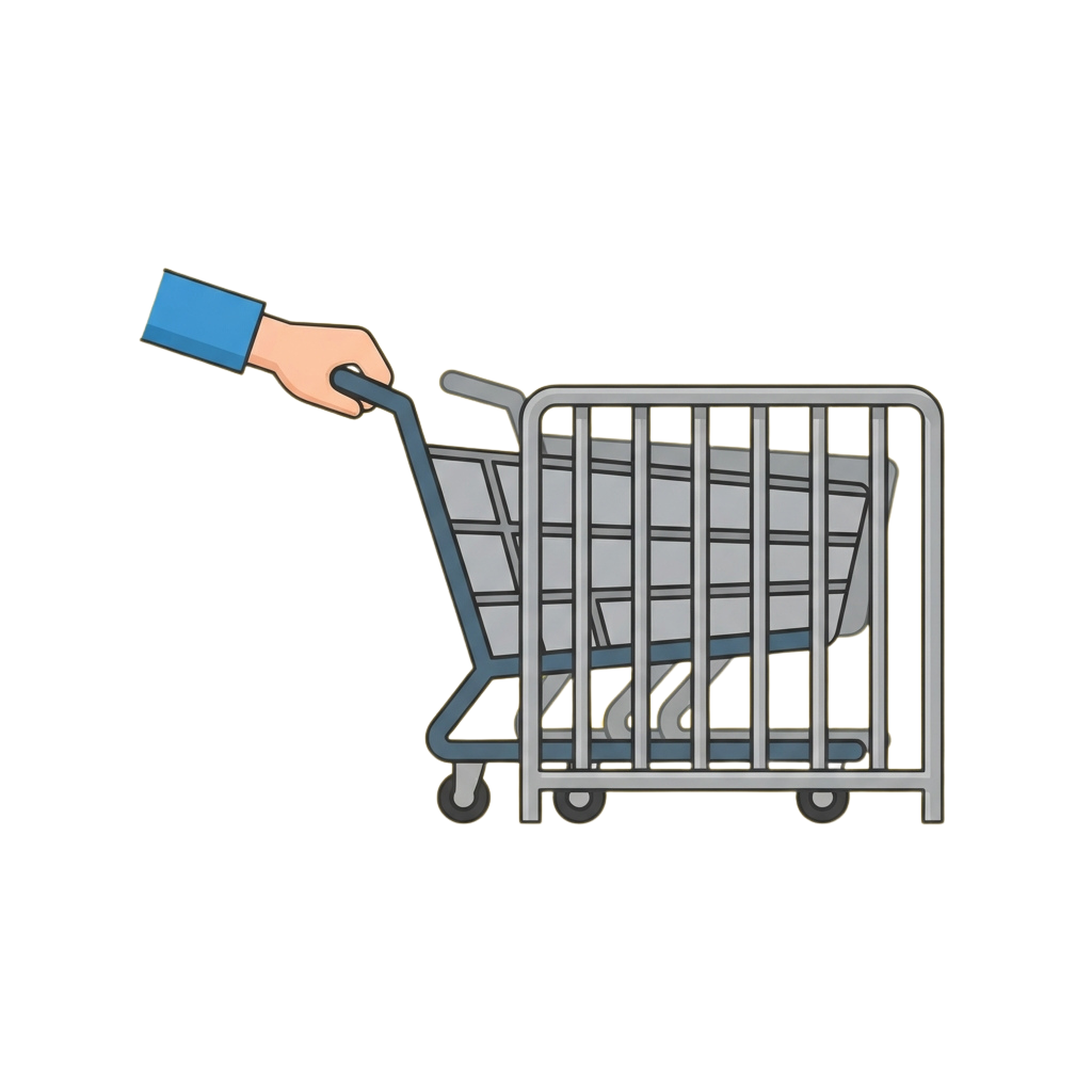 Illustration of a hand in a blue sleeve pushing an empty shopping cart