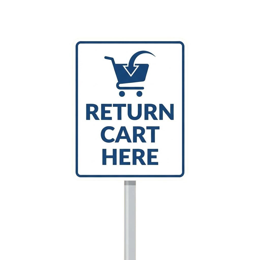 White sign with blue text and icon instructing to return cart here