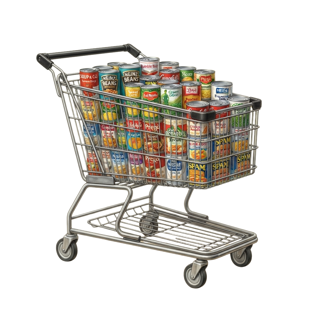 A shopping cart filled with various canned goods and soup cans.
