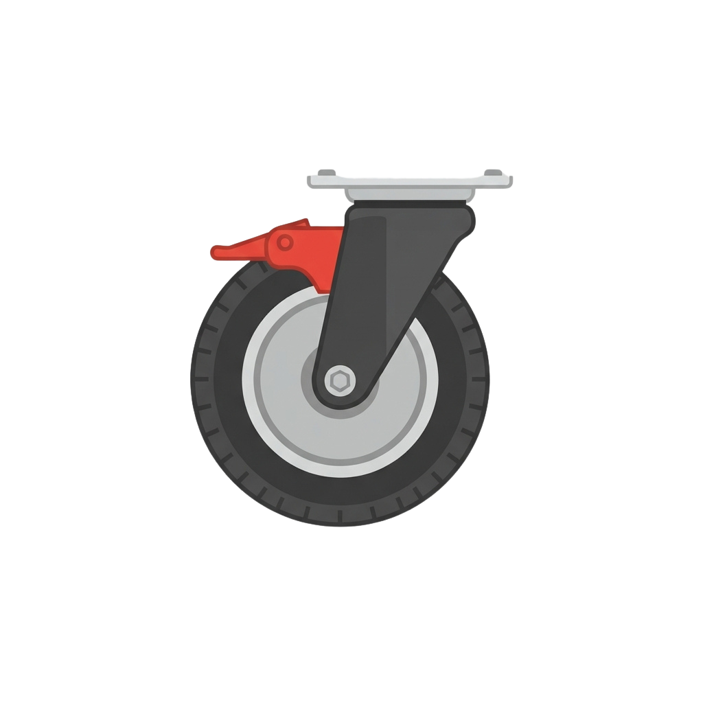 A close-up of a gray castor wheel with a red brake lever and a swivel fork attachment