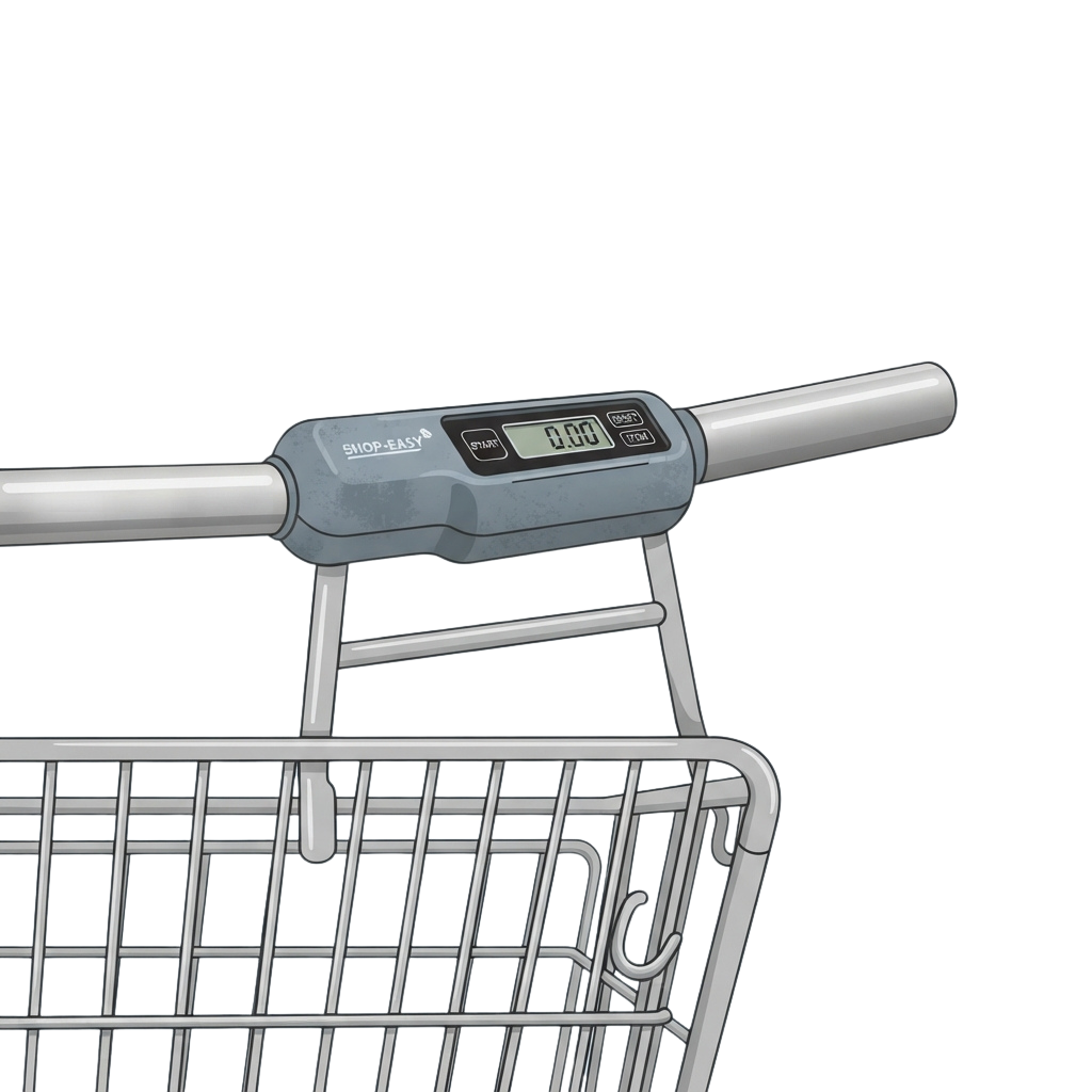 Digital scale attached to a shopping cart handle displaying zero weight