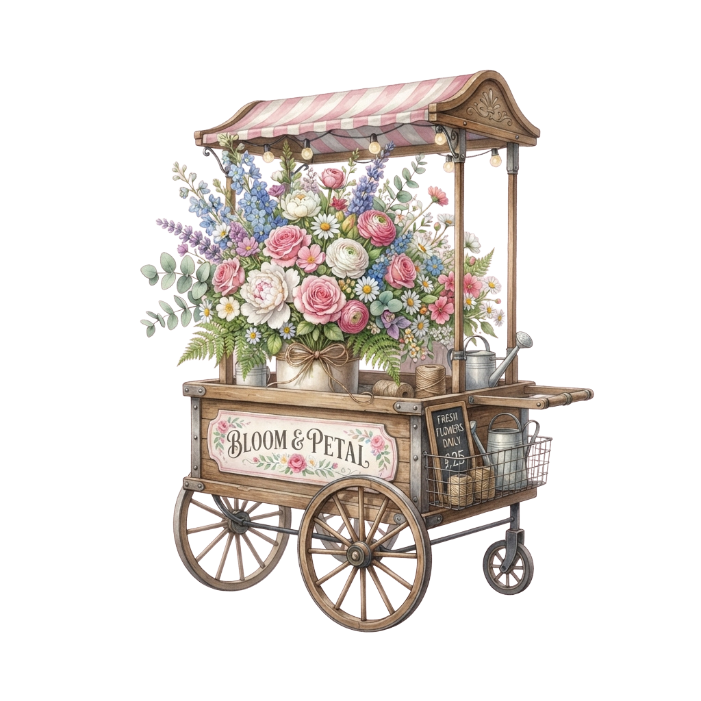 A wooden cart named Bloom & Petal showcasing a vibrant bouquet of flowers and greenery under a striped canopy