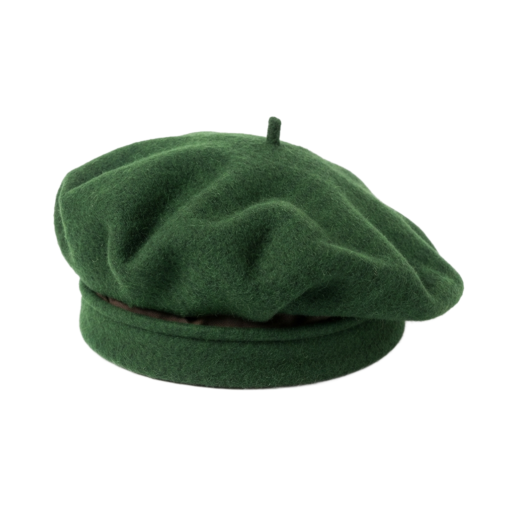 A green beret-style felt hat with a small pin at the top center