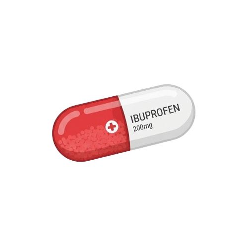 Red and white capsule labeled Ibuprofen 200mg with a plus symbol